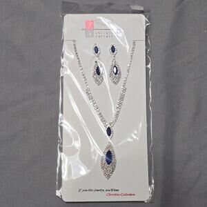Christina Collection Silver Tone Blue Crystal Rhinestone Necklace Earring Set